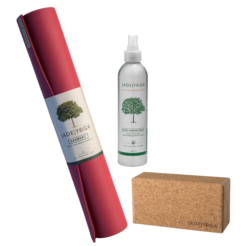 Jade Yoga Harmony Mat - Raspberry & Jade Yoga Cork Yoga Block - Small + Jade Yoga Plant Based Mat Wash - 8 oz Starter Kit