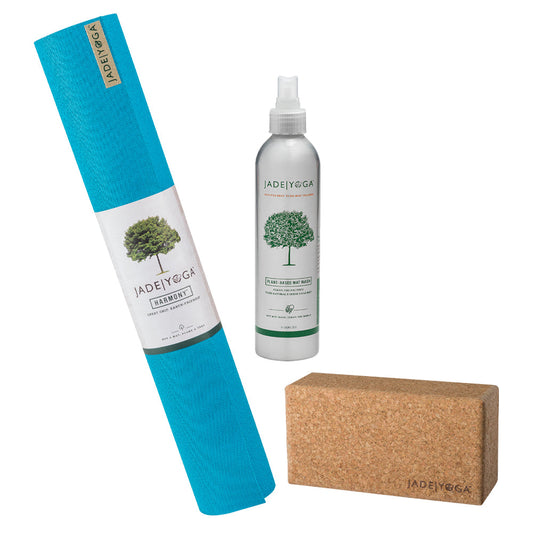 Jade Yoga Harmony Mat - Sky Blue & Jade Yoga Cork Yoga Block - Small + Jade Yoga Plant Based Mat Wash - 8 oz Starter Kit