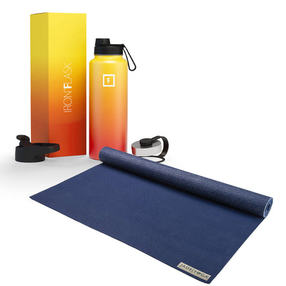 Jade Yoga Voyager Mat - Midnight & Iron Flask Wide Mouth Bottle with Spout Lid, Fire, 32oz/950ml Bundle