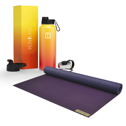 Jade Yoga Voyager Mat - Purple & Iron Flask Wide Mouth Bottle with Spout Lid, Fire, 32oz/950ml Bundle