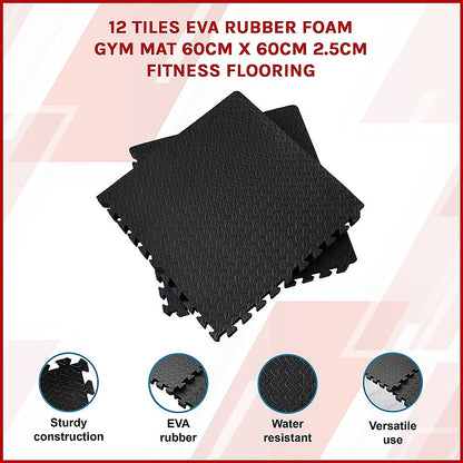 12 Tiles EVA Rubber Foam Gym Mat 60cm x 60cm 2.5cm Fitness Flooring